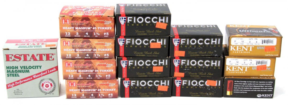 GROUPING OF12 GAUGE SPORTING SHELLS HORNADY & MORE: GROUPING OF12 GAUGE SPORTING SHELLS HORNADY & MORE Grouping of various 12 gauge sporting shells. 5 boxes Hornady #5 3 inch turkey, 7 boxes Fiocchi 2 3/4 inch buck shot, 3 boxes Kent #5 3 inch turkey s