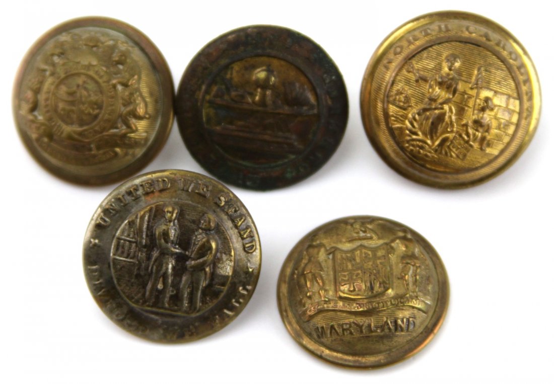 CIVIL WAR ERA CONFEDERATE STATES BUTTON LOT OF 5: CIVIL WAR ERA CONFEDERATE STATES BUTTON LOT OF 5 Van Wart Son & Co. North Carolina, Tennessee, Scovill Missouri, Kentucky, and Maryland buttons. Country: CSA