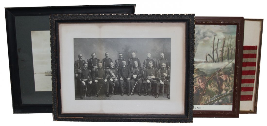FRAMED MILITARY POSTER LOT: FRAMED MILITARY POSTER LOT 24x18" Span-Am era US war cabinet photo, 21x17" Rock of the Marne poster, signed V-E Day flag in 21x17" frame, 22x8" US battleship photo. Country: US