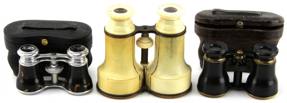 3 ANTIQUE FRENCH OPERA GLASSES: 3 ANTIQUE FRENCH OPERA GLASSES Ivory, Goeggel Tortoise with case, and Colomont with case. Country: France