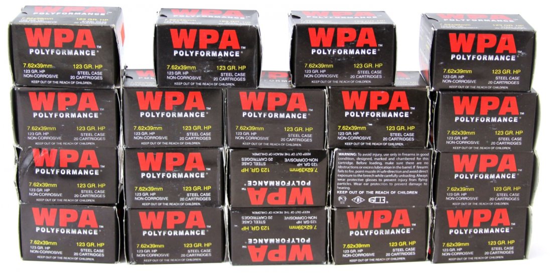 380 ROUNDS WPA 7.62 X 39MM AMMUNITION 123 GRHP: 380 ROUNDS WPA 7.62 X 39MM AMMUNITION 123 GRHP WPA Polyfomance 7.62 x 39mm ammunition. 123 grain HP non corrosive steel case. 19 boxes of 20 ea. Caliber / Guage: 7.62 x 39mm Brand: WPA