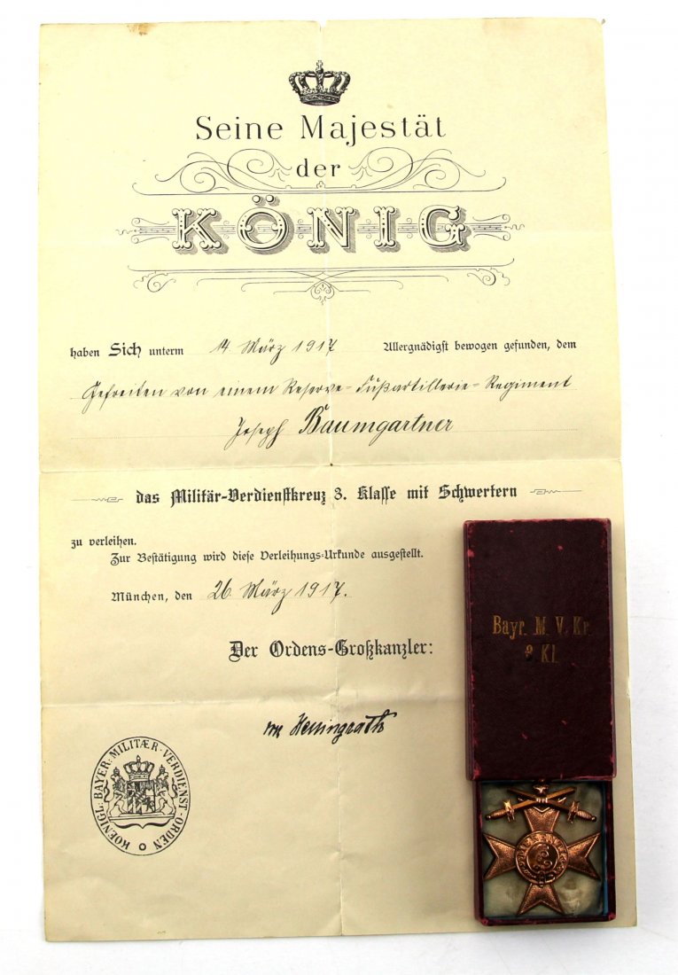 BAVARIAN MILITARY MERIT CROSS WITH BOX & DOCUMENT: BAVARIAN MILITARY MERIT CROSS WITH BOX & DOCUMENT Bavarian Military Merit Cross 3rd Class with crossed swords with box and document. Country: Germany