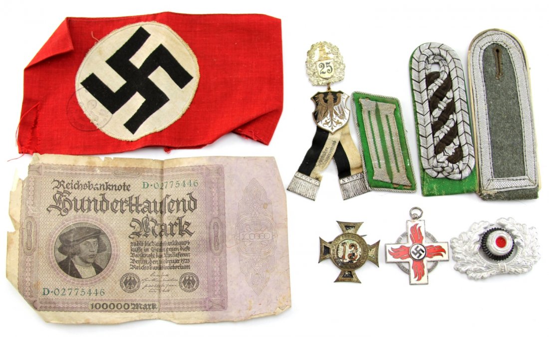 LOT OF WWI - WWII GERMAN ITEMS: LOT OF WWI - WWII GERMAN ITEMS NSDAP armband, 1928 fire brigade 2nd class medal, WWII shoulder board and collar insignia tab, WWW 25 years service medal, WWII cap insignia, Imperial cross, iron note. 