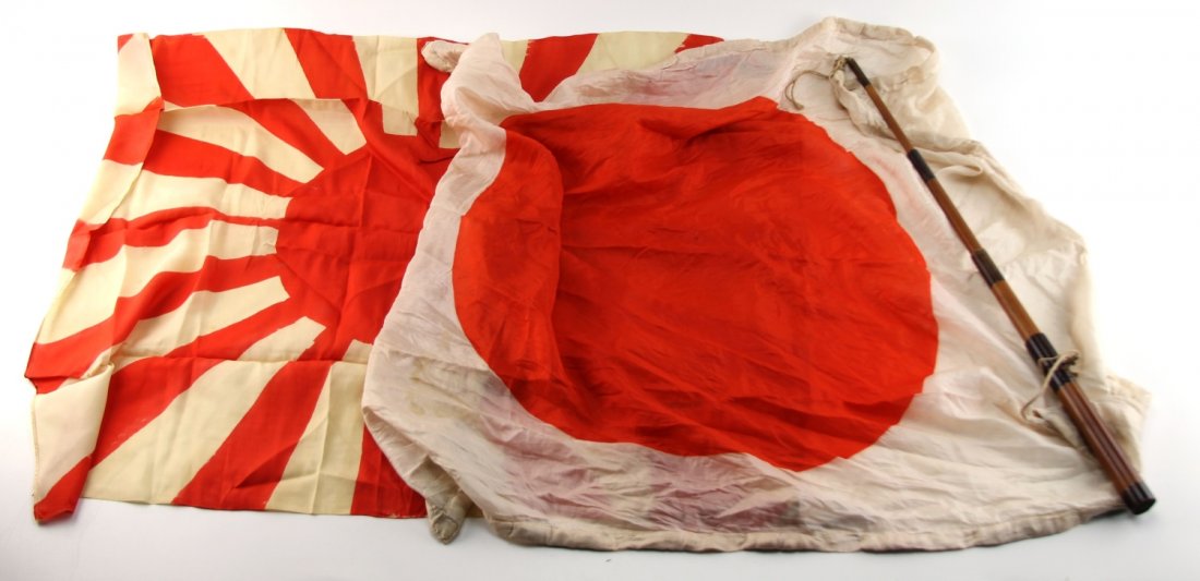 WWII JAPANESE SILK FLAG LOT OF TWO: WWII JAPANESE SILK FLAG LOT OF TWO 34x28" flag and 34x30" flag with telescoping pole. Country: Japan
