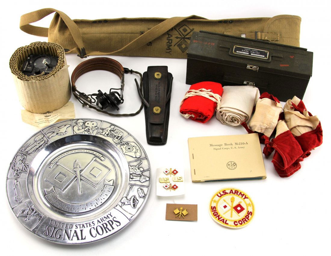 US ARMY SIGNAL CORPS LOT: US ARMY SIGNAL CORPS LOT 12" pewter plate, tool pouch with folding knife and pliers, flag kit with 4 flags, hb-7 headphones, contractor unit BC-608-A, case CS-137, pins, patch, and message book M-210-