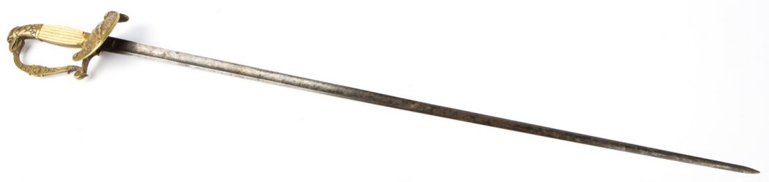 WAR OF 1812 EAGLE HEAD OFFICER'S SWORD: WAR OF 1812 EAGLE HEAD OFFICER'S SWORD Bone handle. Brass hilt with American Revolution symbolism. Type: Sword Country: US Blade Length: 32" Overall Length: 37" Provenance: From the collection of Darr