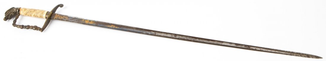 WAR OF 1812 OFFICER'S EAGLE HEAD BONE HANDLE SWORD: WAR OF 1812 OFFICER'S EAGLE HEAD BONE HANDLE SWORD Etched and colored blade. Type: Sword Country: US Blade Length: 30" Overall Length: 36" Provenance: From the collection of Darryl E. Kinnison