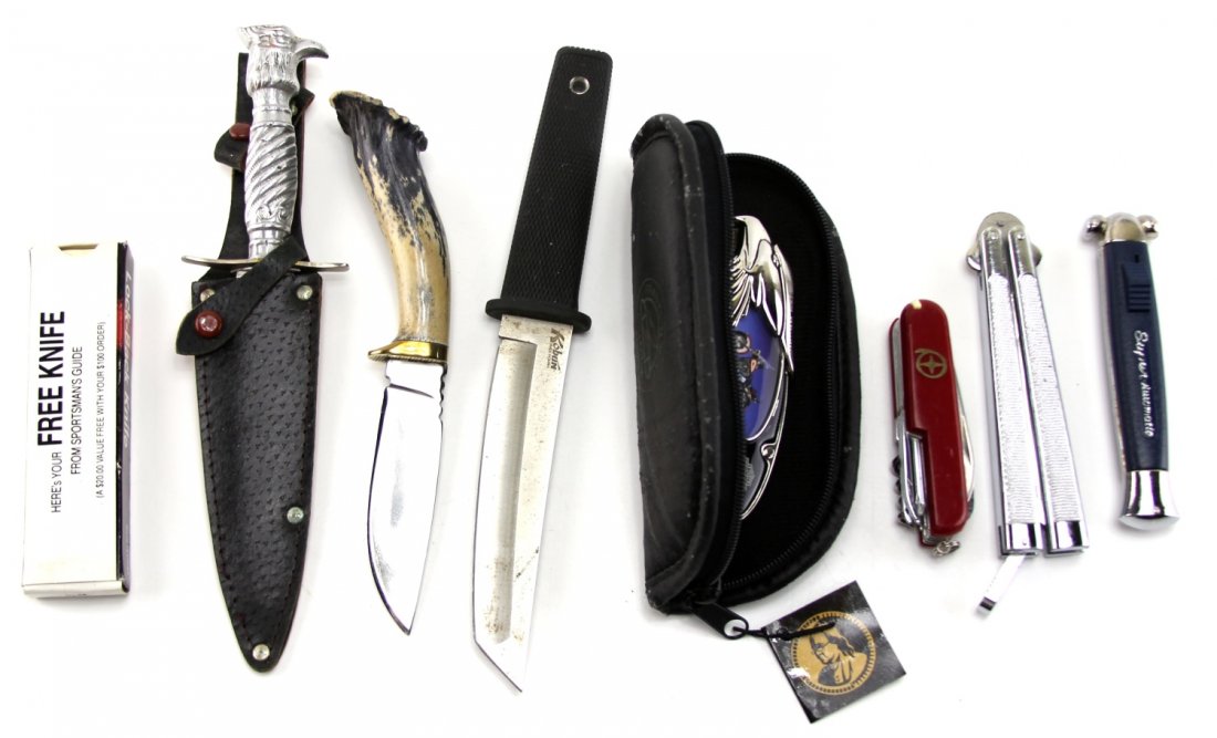 MIXED LOT 8 POCKET & FIXED BLADE KNIVES: MIXED LOT 8 POCKET & FIXED BLADE KNIVES Mixed lot of eight pocket and fixed blade knives, including stag handled knife by frost, fixed blade with eagle pommel, Kobun Cold Steel tanto, Super Automatic 