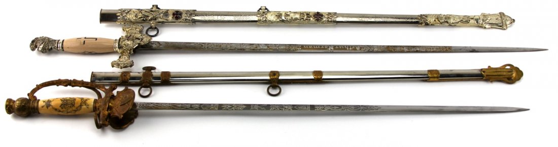 TWO FRATERNAL SWORDS KNC & IOOF: TWO FRATERNAL SWORDS KNC & IOOF Two fraternal swords. Knights of Columbus sword manufactured by M. C. Lilly Co, Columbus, OH. Independent Order of Odd Fellows, named to C C Brunner. Type: Swords Count
