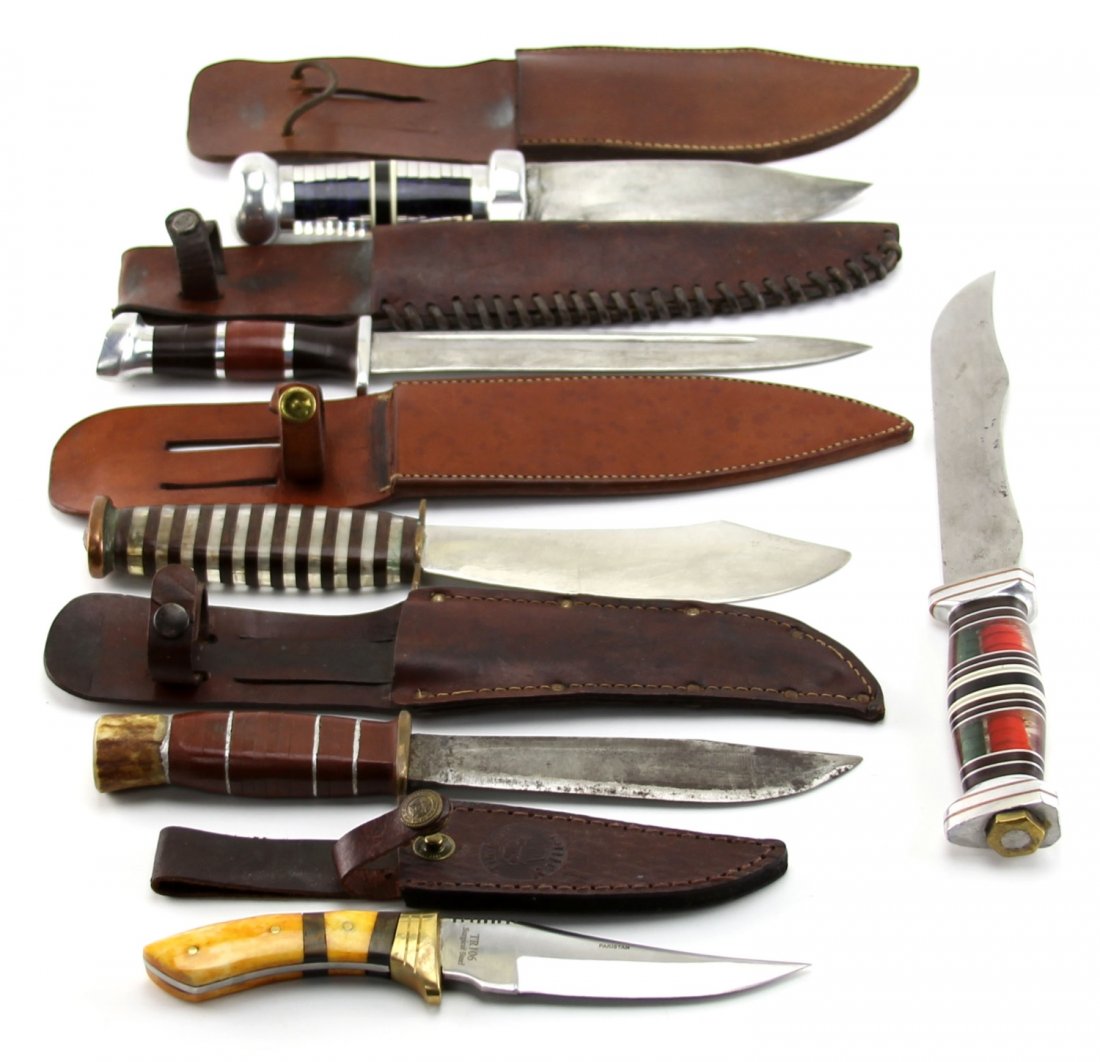 MIXED LOT OF SIX VARIOUS FIXED BLADE KNIVES: MIXED LOT OF SIX VARIOUS FIXED BLADE KNIVES Six fixed blade knives. 5 unmarked, and one made in Pakistan. Al but one have scabbards.