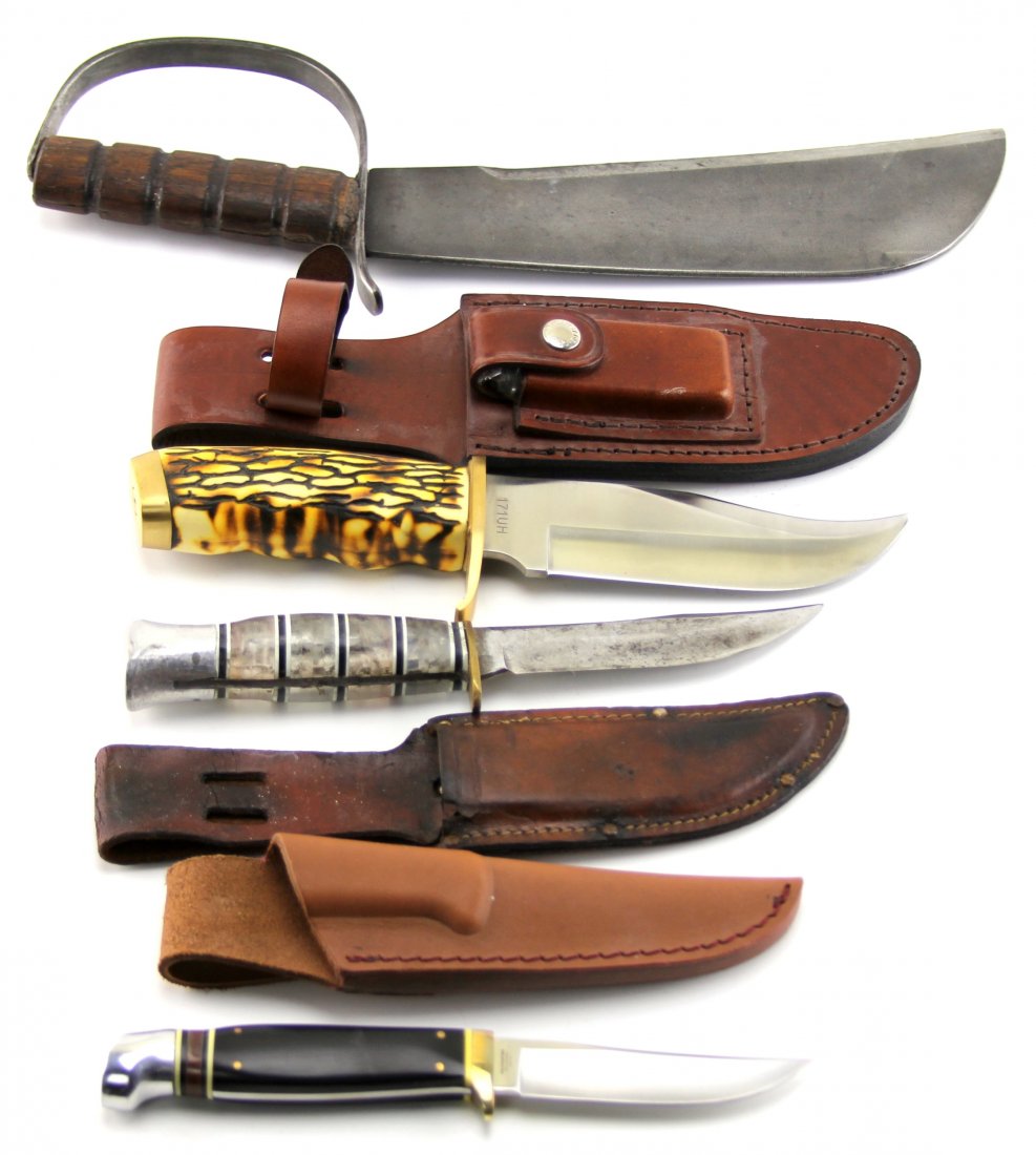 FOUR FIXED BLADE KNIVES: FOUR FIXED BLADE KNIVES For fixed blade knives Kissing Crane KC 5083, Western, Schrade 171UH; Victor Woodsman's Pal 280.