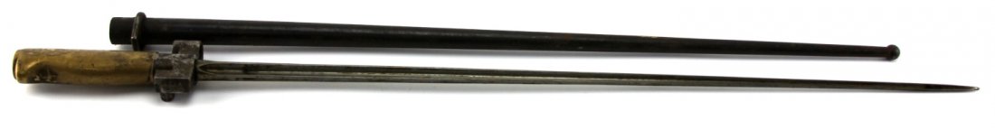 FRENCH MODEL 1886 LEBEL FUSIL BAYONET: FRENCH MODEL 1886 LEBEL FUSIL BAYONET French Model 1886 Lebel Fusil Bayonet, complete with steel scabbard. Cruciform spike, with brass grip, and black enamel steel scabbard. Scabbard number non matchi
