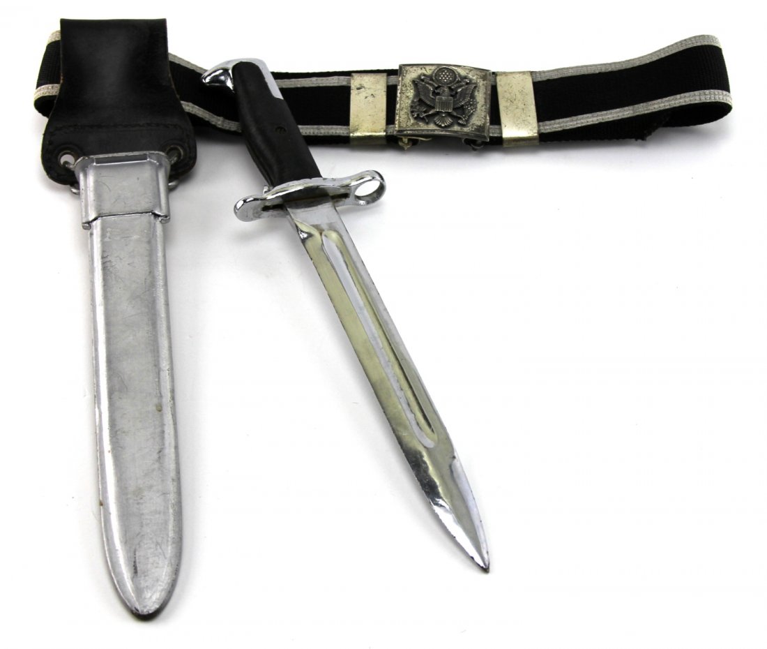WWII US ARMY PARADE BELT WITH CHROMED M1 BAYONET: WWII US ARMY PARADE BELT WITH CHROMED M1 BAYONET Type: Bayonet Country: US Blade Length: 10" Overall Length: 14.5"