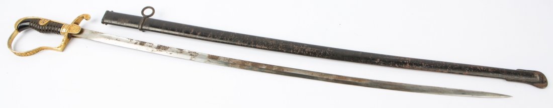 WWII GERMAN DRESS SWORD ALCOSO SOLINGEN: WWII GERMAN DRESS SWORD ALCOSO SOLINGEN WWII German dress saber, maker marked Alcoso. Black wire wrapped celluloid grip, with gilt finish to alloy hilt. Black enamel finish to rolled steel scabbard. T