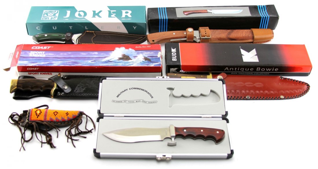 FIVE FIXED BLADE KNIVES NIB AND ONE SCABBARD: FIVE FIXED BLADE KNIVES NIB AND ONE SCABBARD Five fixed blade knives, including Joker, Maxi Military Commemorative, Coast, and Bud K. Also included is a Native American-style beaded scabbard.