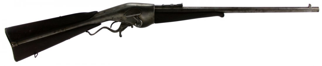 EVANS REPEATING CARBINE TRANSITION MODEL: EVANS REPEATING CARBINE TRANSITION MODEL Transition Model Evans repeating lever action carbine. 22 inch round barrel, marked “Evans Repeating Rifle Mechanic Falls Me./Pat, Dec. 8, 1868 & Sept. 16, 1