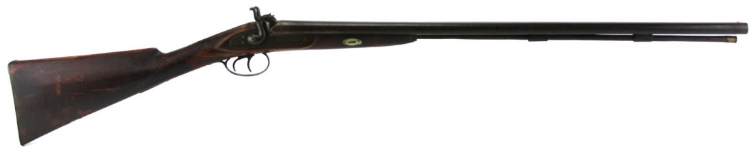 BELGIAN MADE 19TH CENTURY PERCUSSIN SBS SHOTGUN: BELGIAN MADE 19TH CENTURY PERCUSSIN SBS SHOTGUN 19th Century belgian made percussion shotgun. 29 inch barrels, 16 gauge. Belgian proof marks on left barrel. No makers marks. Type: persussion shotgun C