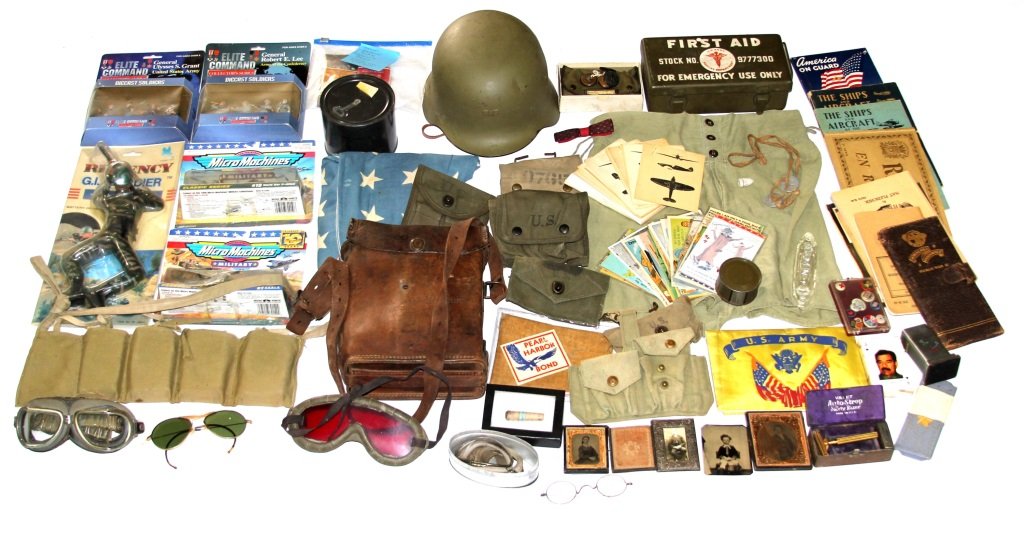 HUGE MILITARY BONANZA LOT: HUGE MILITARY BONANZA LOT Tin types, field telephone, helmet, flag, gear, helmet, toys, goggles, and more. Era / Conflict: MIX Country: MIX