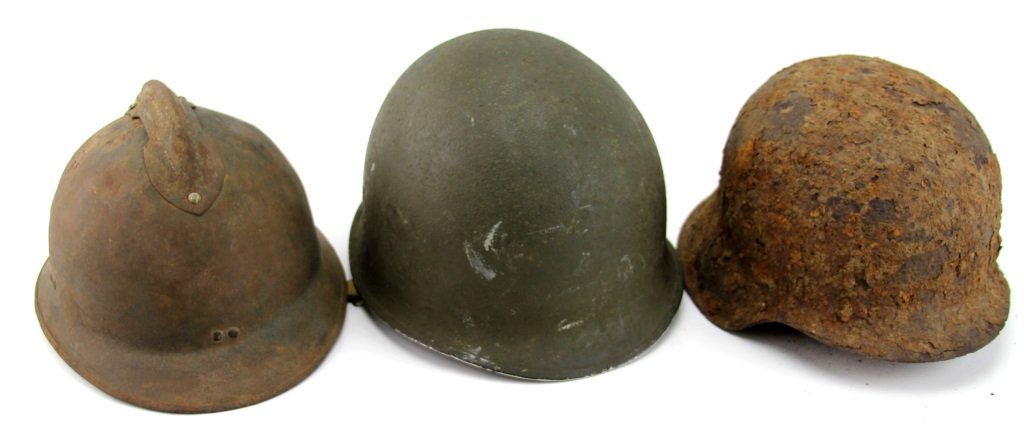 WWII HELMET LOT OF 3: WWII HELMET LOT OF 3 US M-1 with liner, French fire, German army heavily corroded. Era / Conflict: WWII Country: MIX