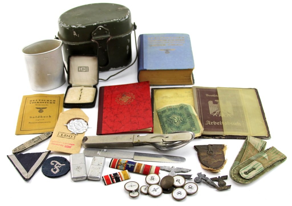 MIXED LOT OF WWII GERMAN MILITARY ITEMS: MIXED LOT OF WWII GERMAN MILITARY ITEMS Flatware, pass books, lighters, buttons, pins, ribbon bar, Neues Rathaus Leipzig pocket knife, and more. Era / Conflict: WWII Country: Germany