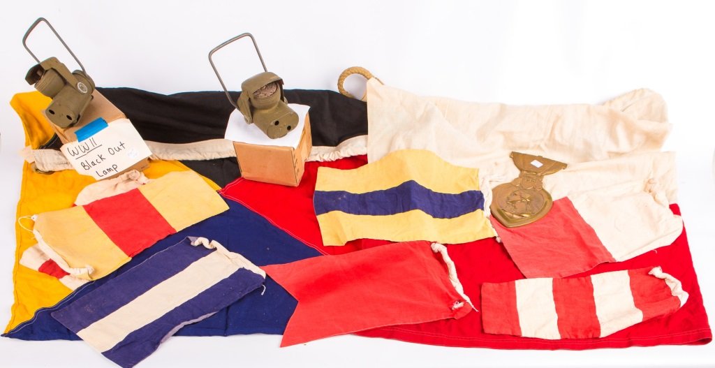 LOT OF WWII ITEMS: LOT OF WWII ITEMS Signal flags, blackout lamps, and more Era / Conflict: WWII Country: US