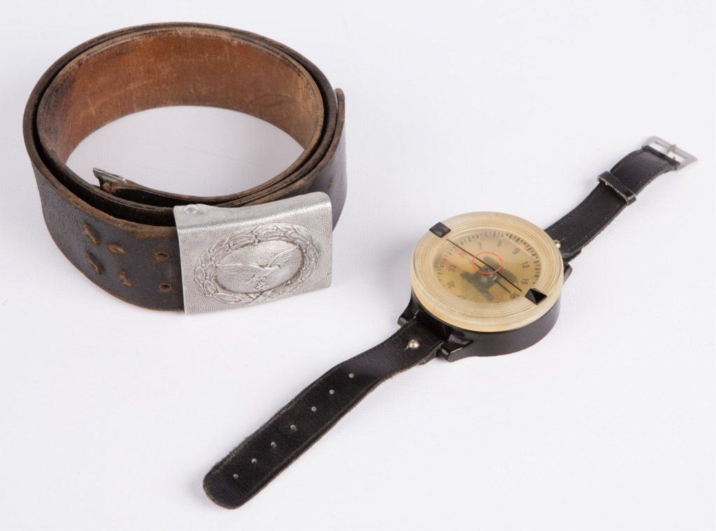 WWII LUFTWAFFE EM BELT AND PILOTS WRIST COMPASS: WWII LUFTWAFFE EM BELT AND PILOTS WRIST COMPASS Era / Conflict: WWII Country: Germany Provenance: From the collection of Robert D. Mitchell, who served in the U.S. Army from September 1976 thru Februa
