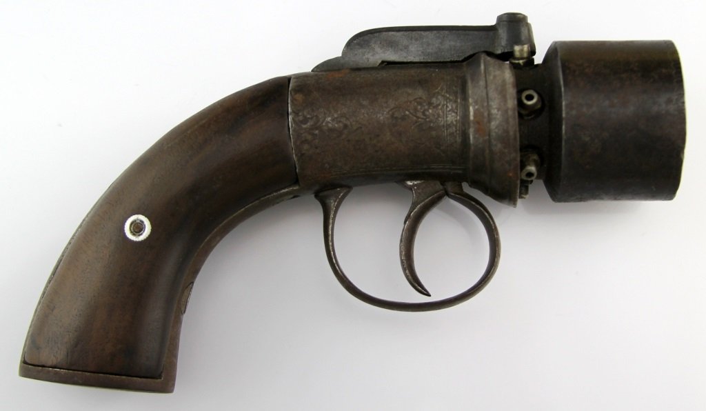 19TH CENTURY 6 SHOT PEPPERBOX PISTOL: 19TH CENTURY 6 SHOT PEPPERBOX PISTOL 19th Century pepperbox percussion pistol. 6 shot barrel cluster measuring approximately 1 1/4 inches in length. Light scroll engraving, no makers mark. Serial Numb