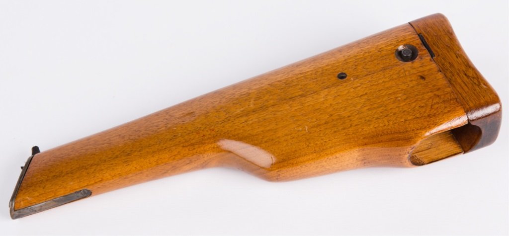 BROWNING HI-POWER WOOD STOCK HOLSTER: BROWNING HI-POWER WOOD STOCK HOLSTER Provenance: From the collection of Robert D. Mitchell, who served in the U.S. Army from September 1976 thru February 2001 as an Cobra and Apache Attack Helicopter