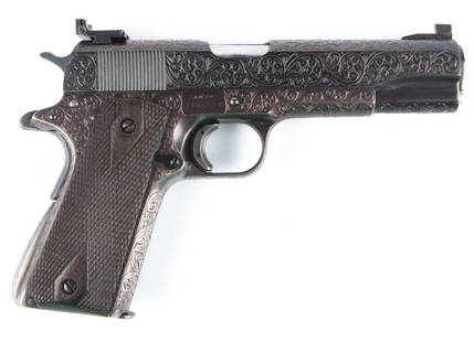 CASED COLT 1911 PISTOL HAMADA ENGRAVED: CASED COLT 1911 PISTOL HAMADA ENGRAVED Cased Colt 1911 pistol, with additional slide and barrel assembly. Engraved and signed by Hamada gun smith in Japan in 1952. Accurized by J. E. Clark in 1954. En