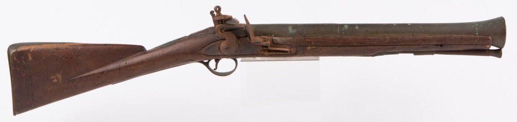EVANS LONDON FLINTLOCK BLUNDERBUSS: EVANS LONDON FLINTLOCK BLUNDERBUSS Antique flintlock blunderbuss marked "I EVANS" on lock plate, and "LONDON" on barrel. "P" and "V" in ovals stamped on barrel, with British proof mark. Name Teissier 