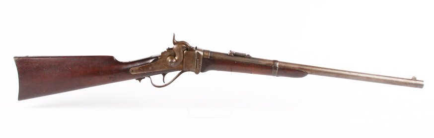 SHARPS MODEL 1863 CARBINE LAWRENCE PATENT: SHARPS MODEL 1863 CARBINE LAWRENCE PATENT Sharps Model 1863 Carbine. R.S. Lawrence two line patent above hammer, C Sharps two line patent in back of hammer. Patent on left side of receiver faded. Cart