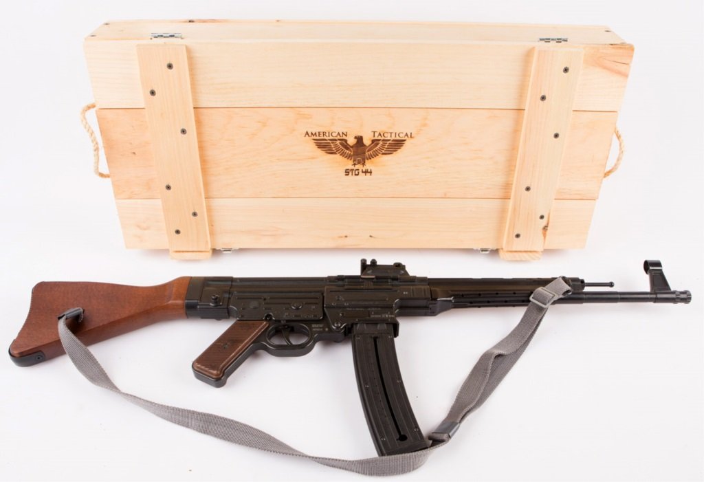 ATI GSG-STG44 SCHMEISSER .22LR: ATI GSG-STG44 SCHMEISSER .22LR ATI Schmeisser GSG-STG44 .22LR rifle, made in Germany. Comes with original wooden crate. Caliber / Gauge: 22 LR Serial Number: A513249 Provenance: Lifelong Firearm Colle
