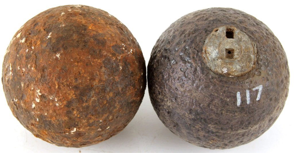 CIVIL WAR US CANNON BALL LOT OF 2 FAUQUIER SPRINGS: CIVIL WAR US CANNON BALL LOT OF 2 FAUQUIER SPRINGS 12 lb. US. 117 has Bormann fuse. Size: 12 lb Provenance: Collection of lifelong relic hunter, Wilbur C. Bedall. Born in 1929 and raised until about t