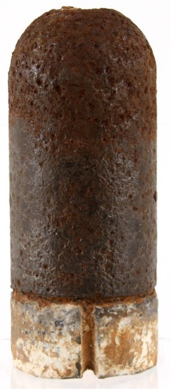 CIVIL WAR CONFEDERATE BURTON SHELL MALVERN HILL: CIVIL WAR CONFEDERATE BURTON SHELL MALVERN HILL 3" diameter. Hard powder fuse. Size: 7.25" Provenance: Collection of lifelong relic hunter, Wilbur C. Bedall. Born in 1929 and raised until about the ag