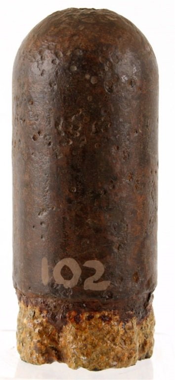 CIVIL WAR CONFEDERATE BURTON SHELL FAUQUIER SPRING: CIVIL WAR CONFEDERATE BURTON SHELL FAUQUIER SPRING 3" diameter. Size: 7.25" Provenance: Collection of lifelong relic hunter, Wilbur C. Bedall. Born in 1929 and raised until about the age of 15 on Sunn