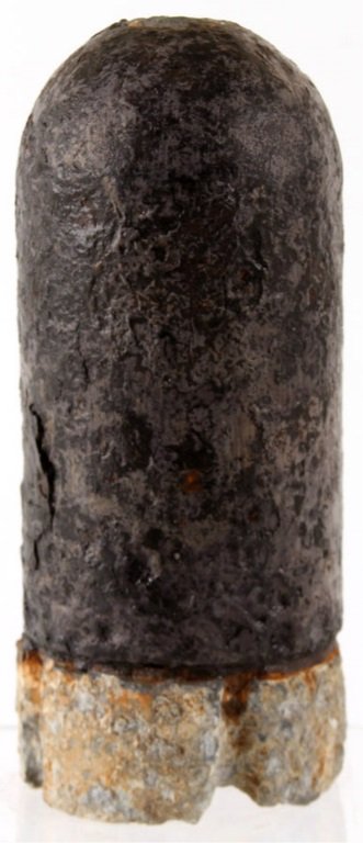 CIVIL WAR CONFEDERATE BURTON SHELL MEEM'S BOTTOM: CIVIL WAR CONFEDERATE BURTON SHELL MEEM'S BOTTOM 3" diameter. Size: 7.25" Provenance: Collection of lifelong relic hunter, Wilbur C. Bedall. Born in 1929 and raised until about the age of 15 on Sunnys