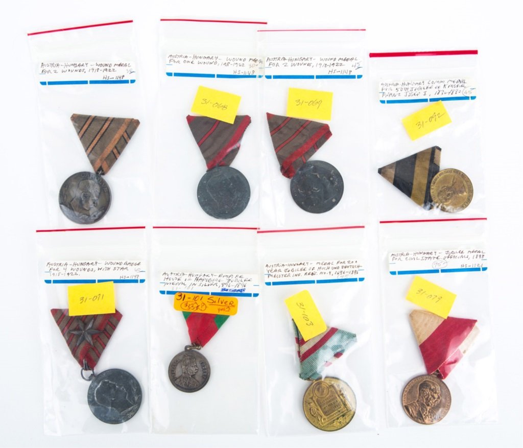 AUSTRIA HUNGARY MEDAL LOT OF 8: AUSTRIA HUNGARY MEDAL LOT OF 8 Provenance: Malcolm Dearing Collection. Dearing collected medals, orders, decorations, and Imperial German Pickelhaube helmets. Dearing collection highlights include the