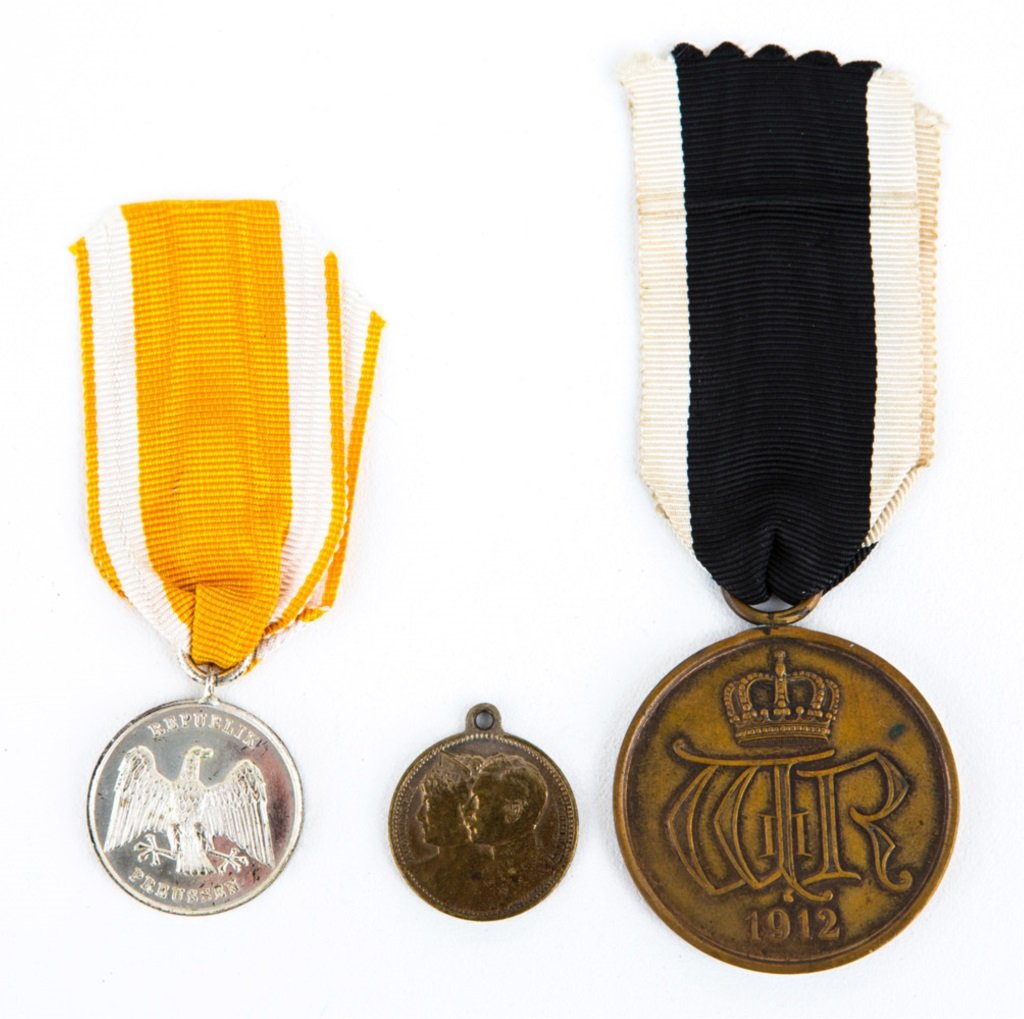 PRUSSIAN MEDAL LOT OF 3: PRUSSIAN MEDAL LOT OF 3 Silver Life Saving Medal 1925-1934, Wilhelm and Victoria Silver Wedding Medal 1881-1906, Bronze Honor Medal 1912-1918 Provenance: Malcolm Dearing Collection. Dearing collected 