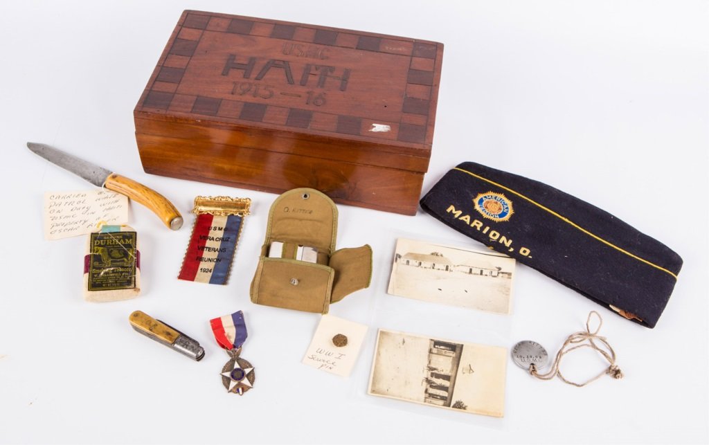 USMC BOX AND ARCHIVE OF OSCAR RITTER: USMC BOX AND ARCHIVE OF OSCAR RITTER Archive of USMC Occupation of Haiti and Battle of Vera Cruz veteran Oscar Ritter. Includes Russell pocket knife, fixed blade, and more.