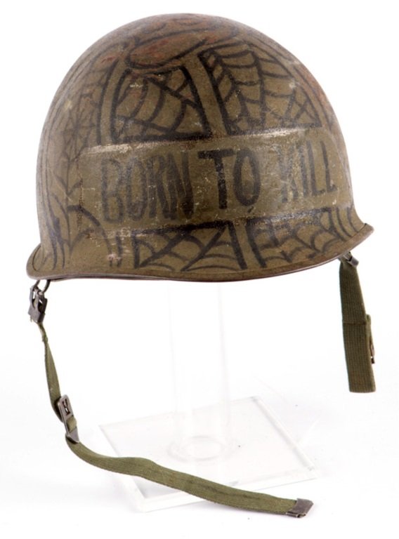 VIETNAM WAR US DECORATED M-1 HELMET WITH LINER: VIETNAM WAR US DECORATED M-1 HELMET WITH LINER