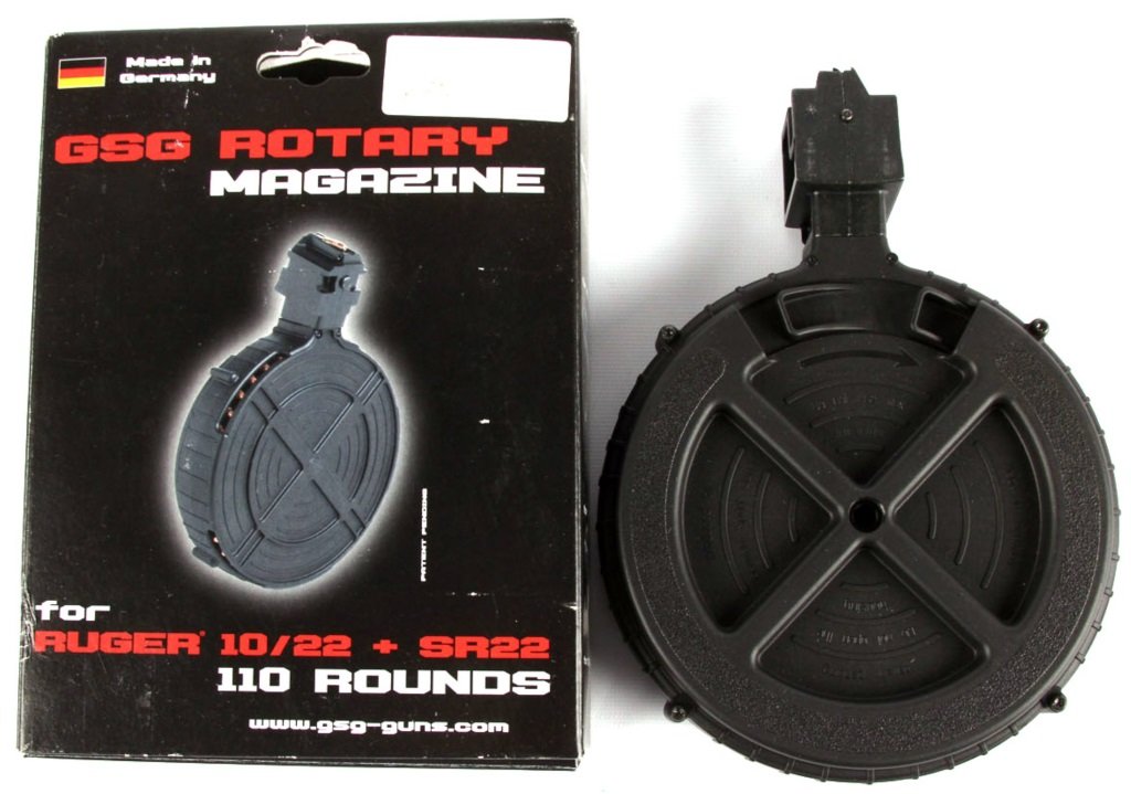 2 GSG ROTARY RUGER 10/22 MAGAZINES 110 ROUND: 2 GSG ROTARY RUGER 10/22 MAGAZINES 110 ROUND Two GSG 110 round rotary magazines for Ruger 10/22 rifles. Caliber / Gauge: .22LR