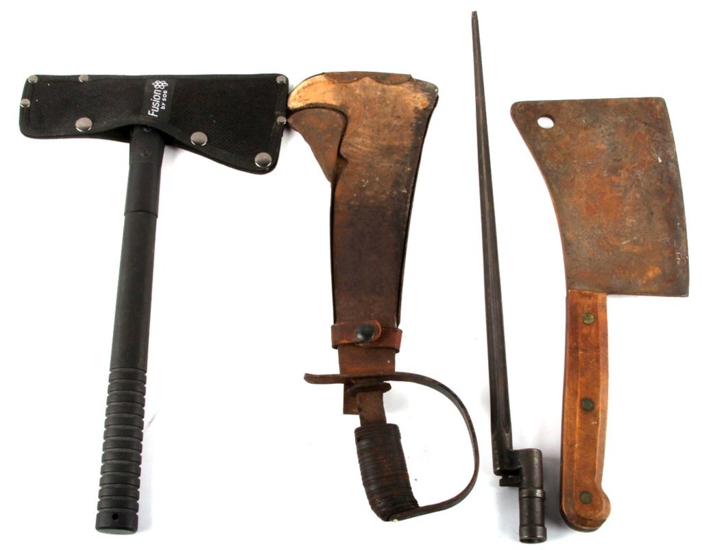 EDGED WEAPON & TOOL LOT: EDGED WEAPON & TOOL LOT SOG Fusion Tomahawk, Woodman's Pal 481, Village Blacksmith cleaver, cruciform spike bayonet. Condition: Good. PreSale Estimate: 50.00 - 150.00