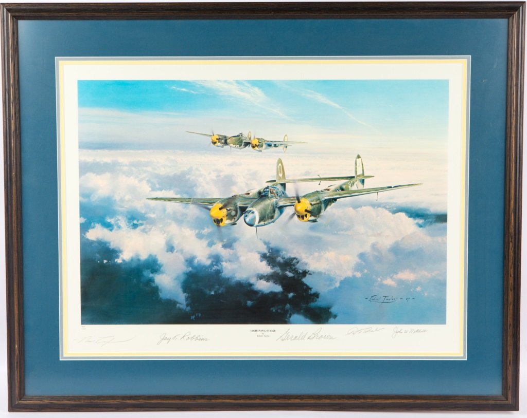 ROBERT TAYLOR PRINT SIGNED BY PILOTS: ROBERT TAYLOR PRINT SIGNED BY PILOTS Framed signed artist proof print 422/1000 Lightning Strike by Robert Taylor signed by pilots Col. Gerald Brown, Col. John Mitchell, General Jay Robbins, and Col. R