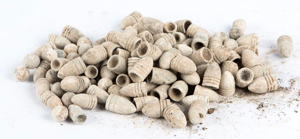 9 LBS CIVIL WAR BULLETS HANCOCK'S CAMP 1862-1863: 9 LBS CIVIL WAR BULLETS HANCOCK'S CAMP 1862-1863 Provenance: Collection of lifelong relic hunter, Wilbur C. Bedall. Born in 1929 and raised until about the age of 15 on Sunnyslope Orchard in Burkevill