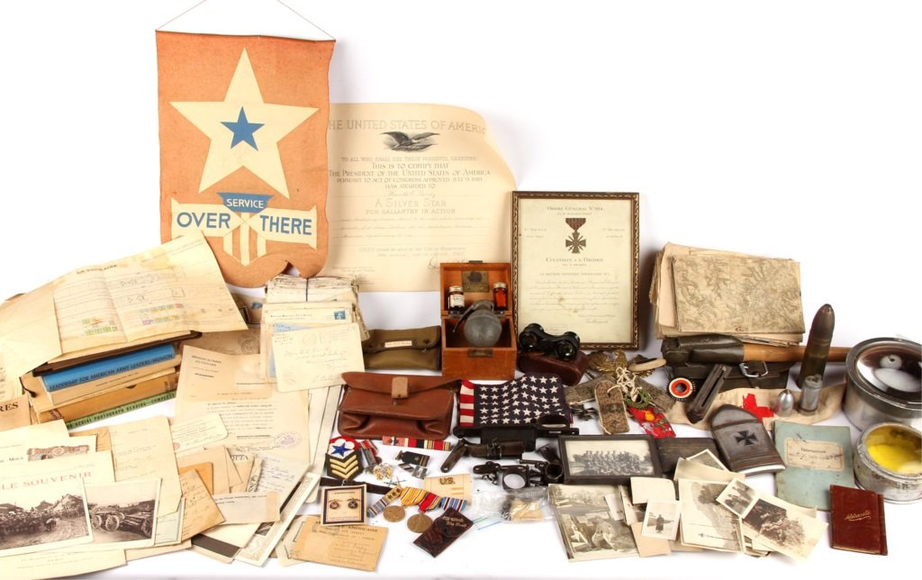 US MILITARY ARCHIVE OF HAROLD & PETER PURDY: US MILITARY ARCHIVE OF HAROLD & PETER PURDY 2 generation archive spanning WWI and WWII. Letters, maps, rifle parts, war trophies, Silver Star certificate, French Commemorative war medal certificate, m