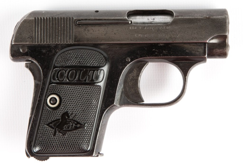 1913 COLT MODEL 1908 HAMMERLESS 25 AUTOMATIC: 1913 COLT MODEL 1908 HAMMERLESS 25 AUTOMATIC Colt Model 1908 hammerless .25 auto vest pocket pistol. Black leather holster included. Manufactured 1913. Caliber / Gauge: 25 Barrel Length: 2" Serial Num