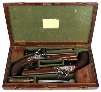 CASED PAIR OF FLINTLOCK PISTOLS - SMITH LONDON: CASED PAIR OF FLINTLOCK PISTOLS - SMITH LONDON Cased pair of 13" flintlock pistols. Engraved lockplates with safety reads SMITH. 7" octagonal barrels read Smith London. Wooden case with accessories. B