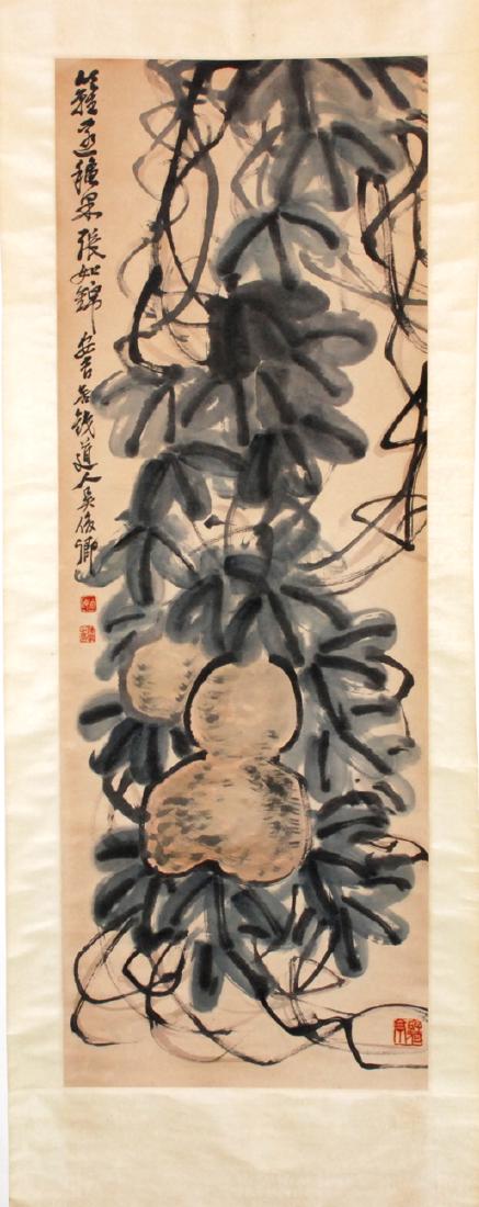 Rollbild Nach Wu Changshuo (1844–1927). Tusche und: Rollbild Nach Wu Changshuo (1844–1927). Tusche und Farbe auf Papier. Kalabasse. Schadstellen. 48x134,5. Aufgezogen. 62x194 cm. Montur beschädigt.