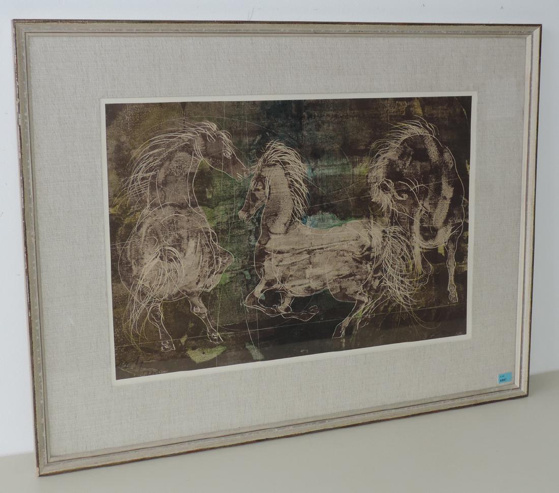 Hans Erni (Luzern 1909–2015 Luzern) "Drei Pferde".: Hans Erni (Luzern 1909–2015 Luzern) "Drei Pferde". 1952. Farblithographie. 121/200. Unten rechts signiert. Blattgrösse 38x56 cm. Gerahmt.