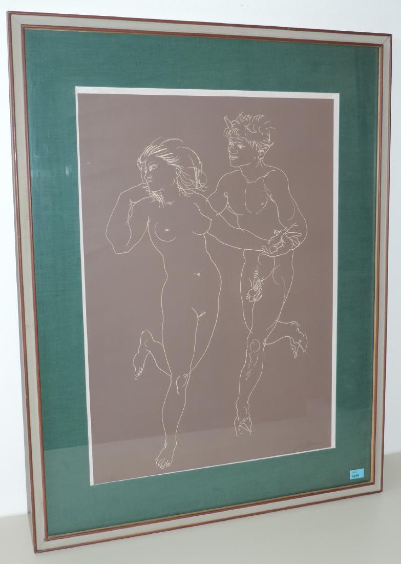 Erni, Hans (Luzern 1909–2015 Luzern) "Faun und: Erni, Hans (Luzern 1909–2015 Luzern) "Faun und Bacchantin II". 1958. Lithographie. 111/120. Unten rechts signiert. Lichtmass 53,5x38 cm. Gerahmt.